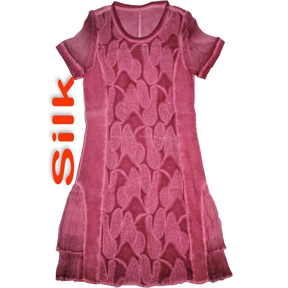 Women's 100% Silk Size M Short Sleeve Dress Raw Hem Design SDK56